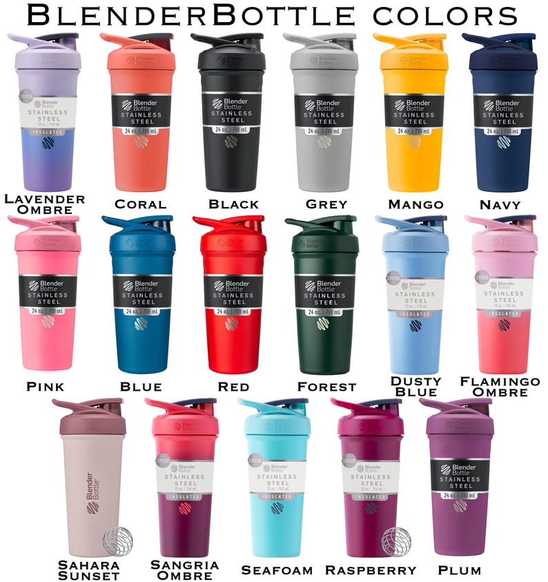 Pode incluir: Uma cole&ccedil;&atilde;o de garrafas de shaker isoladas em a&ccedil;o inoxid&aacute;vel BlenderBottle em v&aacute;rias cores, incluindo lavanda ombre, coral, preto, cinza, manga, marinho, rosa, azul, vermelho, floresta, azul empoeirado, flamingo ombre, sahara sunset, sangria ombre, espuma do mar, framboesa e ameixa.