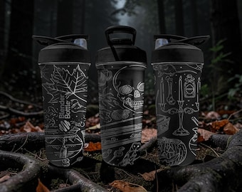 Shaker BlenderBottle Dark Halloween – Teschio di strega inciso – Involucro di corvo – Acciaio inossidabile nero da 24 once – Borraccia gotica per Halloween
