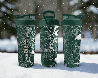 Vaso mezclador navideño verde con diseño de travesuras navideñas, envoltorio grabado con el personaje, acero inoxidable aislado de 24 oz, regalo navideño