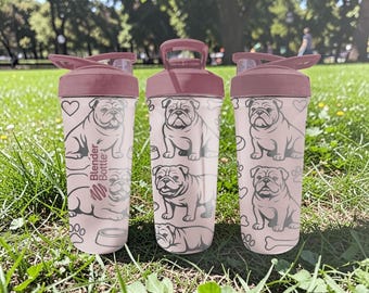 Engelsk Bulldog BlenderBottle Shaker Cup – Graverad Bulldog Wrap – 24oz Isolerat Rostfritt Stål – Present till Hundälskare