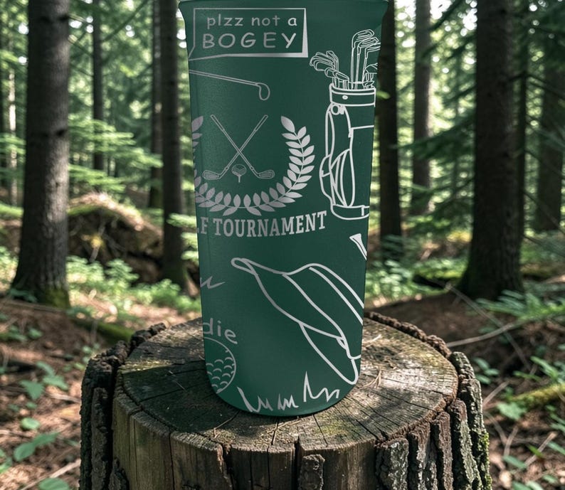 May include: A green golf-themed tumbler with white illustrations of golf clubs, a golf bag, and a golf ball. The text "plzz not a BOGEY" is at the top, and "F TOURNAMENT" is printed below a golf-themed emblem.