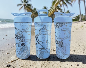 Shark BlenderBottle Shaker Cup – Engraved Shark Ocean Wrap – 24oz Dusty Blue Stainless Steel – Shark Lover Gift for Beach & Ocean Fans