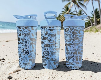 Summer Duck BlenderBottle Shaker Cup – Engraved Beach Duck Wrap – 24oz Dusty Blue Stainless Steel – Cute Vacation Gift for Beach Lovers