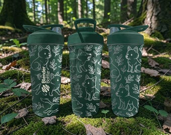 Cute Wolf BlenderBottle Shaker Cup – Engraved Wolf Forest Wrap – 24oz Insulated Stainless Steel – Woodland Animal Gift