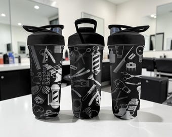 Barber Tools Engraved BlenderBottle Shaker Cup – Barber Shop Equipment Wrap – 24oz Stainless Steel – Barber Gift