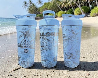 Aloha Hawaii BlenderBottle Shaker Cup – Engraved Surf Beach Wrap – 24oz Dusty Blue Stainless Steel – Tropical Ocean Water Bottle Surfer Gift