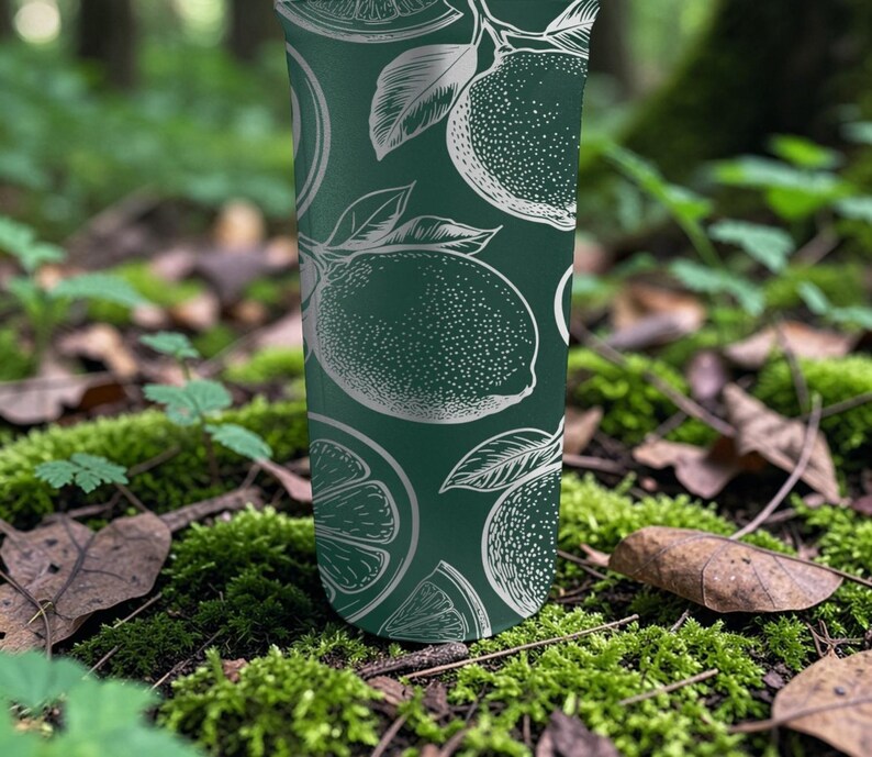 May include: A dark green tumbler with a white citrus fruit pattern. The design features detailed illustrations of whole and sliced citrus fruits, including oranges and lemons. The tumbler is cylindrical and stands upright against a natural, mossy background.