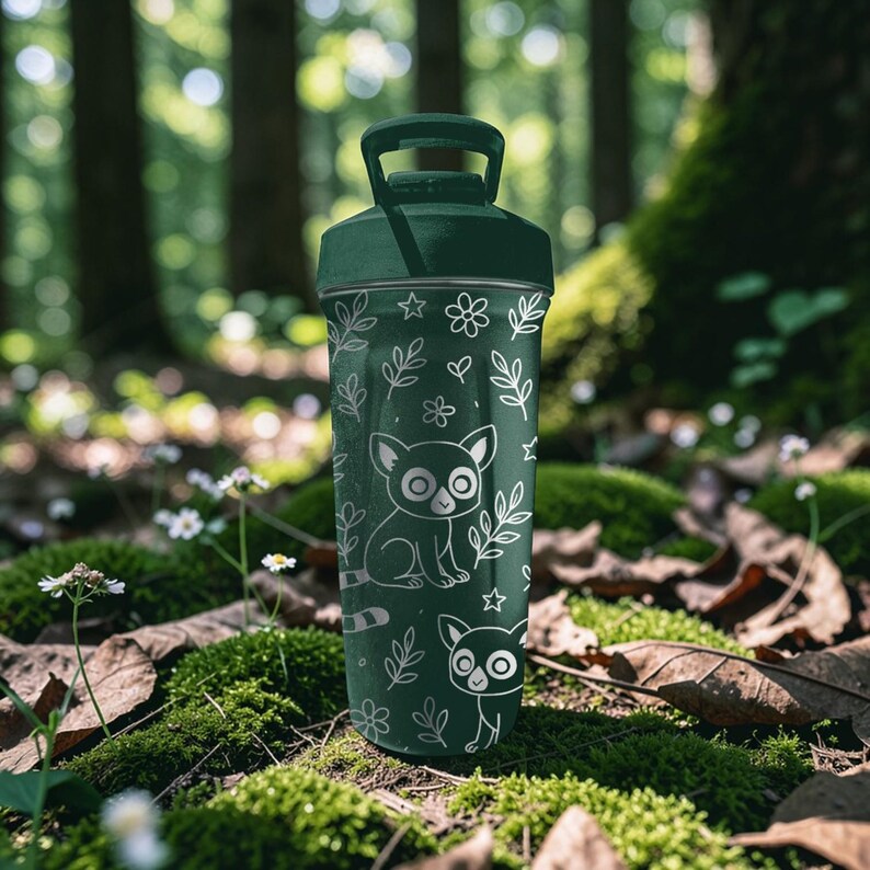 May include: A dark green water bottle with a handle and a screw-on lid. The bottle is decorated with white line art of lemurs, leaves, flowers, and stars. The background is a blurred forest scene with moss and leaves.
