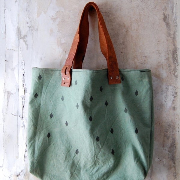 RESERVED FOR YIN vintage canvas tote diamond print, hand dyed, vintage leather strap