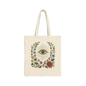 Mystical Eye Cotton Canvas Tote Bag, Eco-Friendly Shopping Bag, Boho Chic Tote, Gift for Nature Lovers, Flower Design
