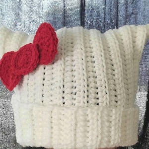 Handmade Crochet Cat Ear with Bow Ribbed Beanie