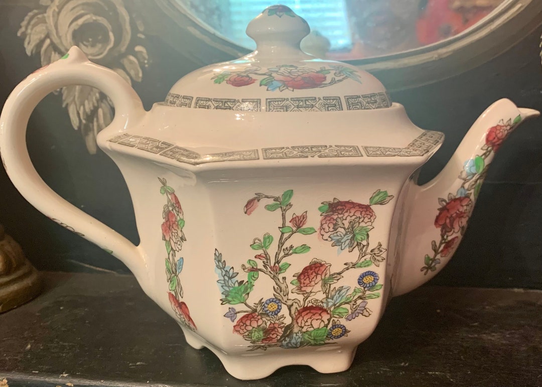 Vintage English Teapot India Tree Transferware Pattern Cottagecore Tea ...