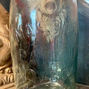 Antique Blue Mason’s Patent Nov 30th 1858 Quart Blown Glass Jar with CFJ Co Emblem with Ball Lid Apothecary Canning Jar Herb Storage