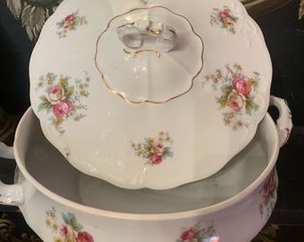 Antique Tureen w Roses  large oval serving dish Victorian tea party dishes flower platter Wedding Bridal baby shower table plate wall