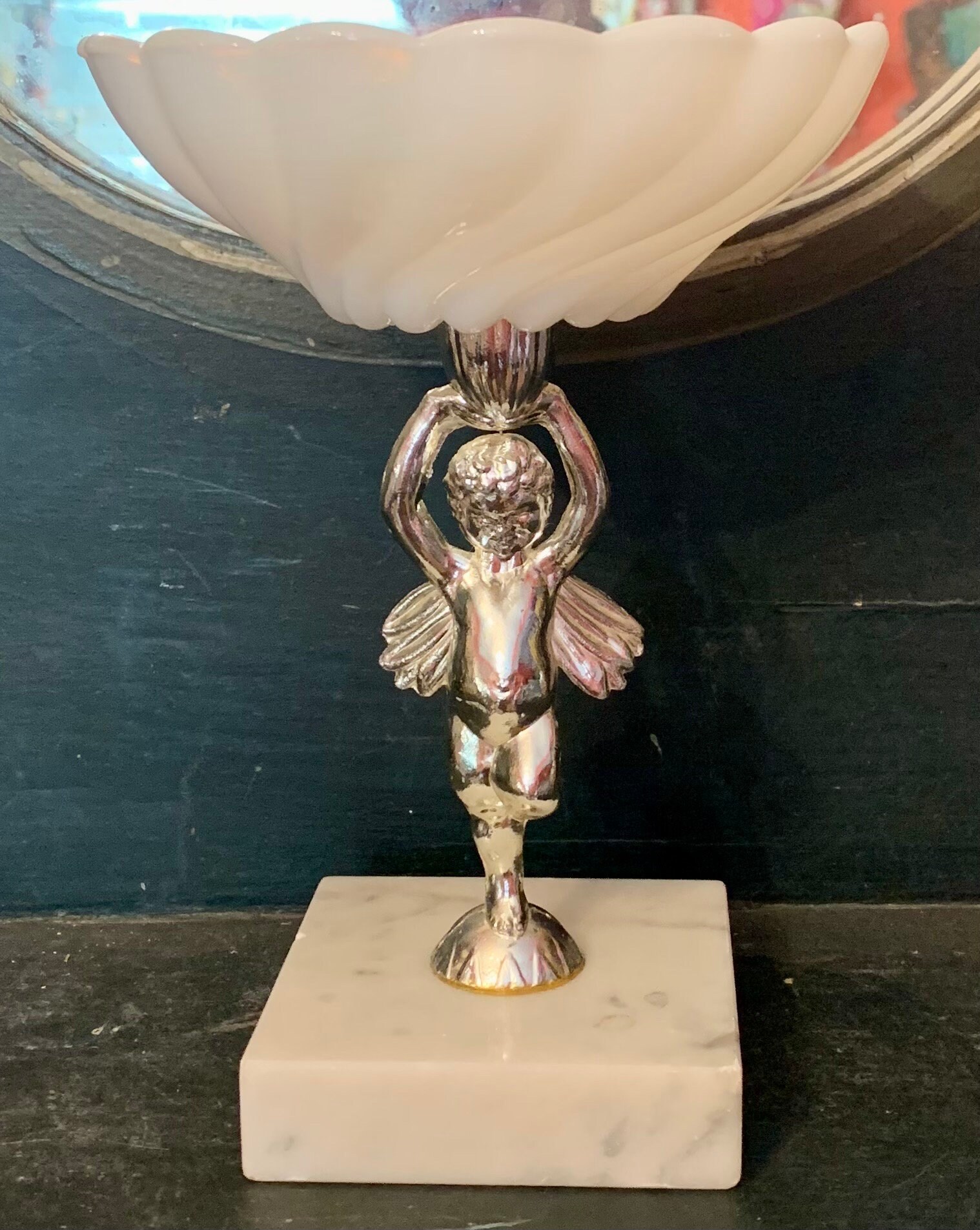 Vintage Romancecore Cherub Milk Glass Trinket Dish Candle stand Ring dish Soap dish