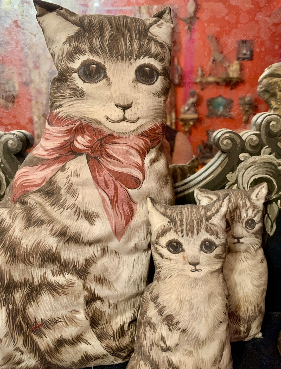 3 Vintage Kitty Cat Pillows Gray Tabbies W Pink Ribbon Romancecore Etsy