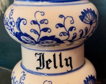 Vintage Blue Onion Jelly Jar Blue & White Transferware Apothecary Kitchen Jam Jar Cottagecore housewarming gift