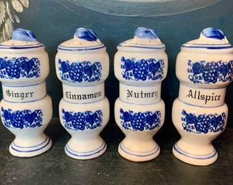 4 Vintage Blue & White Spice Jars Blue Onion Apothecary Jar Nutmeg