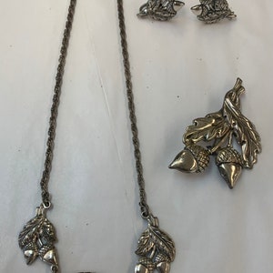 Vintage Danecraft Acorn & Leaves Sterling Silver Necklace Brooch Clip Earrings Fall Jewelry Mid Century Modern Jewelry