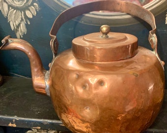 Antique Hand Hammer Copper Tea Kettle Prim Farmhouse Country Copper Teapot Planter Gooseneck Artisan Handmade