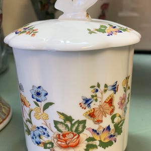 Aynsley Cottage Garden Covered Pot w Butterfly Lid Fine English Bone China Canister Herb Pot Planter