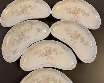 6 Antique Bone Dishes Pink Transferware Parisian Decor