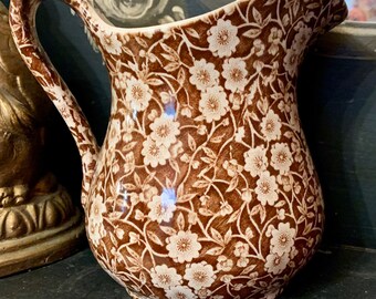 RARE Antique English Ironstone Brown Transferware Pitcher English Transferware Pitcher Staffordshire Calico Brown Floral Ironstone Creamer