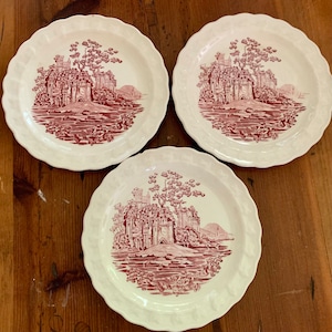 3 Vintage pink Red Transferware Abbey Castle 6&quot; Plates Antique Pink plate Wall Vintage Wedding Shower table setting