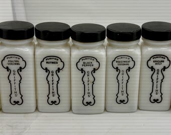 Set of 7 Mid Century White Milk Glass Spice Jars w Black Lids Hoosier Cabinet Little House Country Cottagecore Kitchen Storage