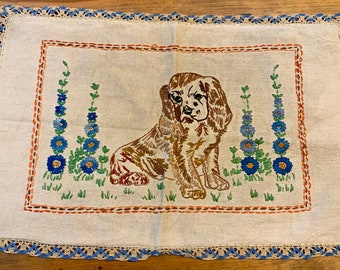 Sweet Antique Embroidered Dog & Flower Pillow Cover Vintage Nursery  Decor Antique Needlework Grannycore Cottagecore Bedroom Gift