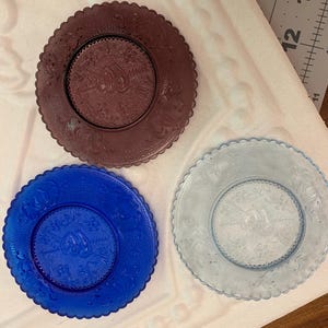 3 Vintage Boyd&#39;s Glass small Sweetheart Saucer Hearts and Arrows Purple Glass Lover Cobalt Blue light blue