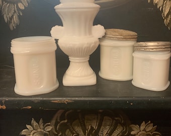 4 Vintage Milk Glass Jars Ponds Cold Cream & Avon