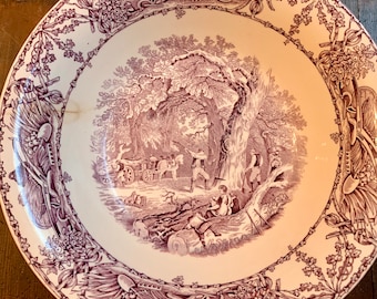 RARE Purple Mulberry Transferware Vegetable Serving Bowl Antique Horse Scene Platter Pastoral Davenport 1840 Farmhouse Dishes