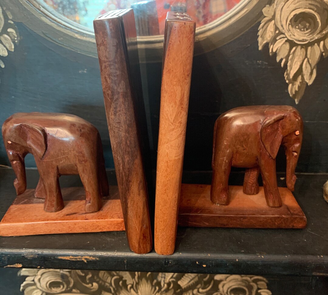 Vintage Elephant Bookends Carved Wood Etsy