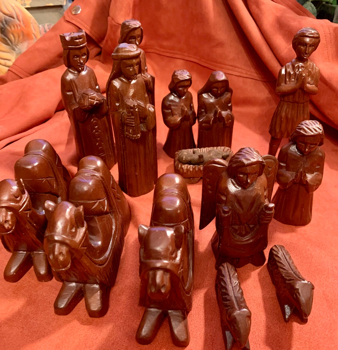 Vintage Mid Century Carved Wood Nativity Set 15 Piece Vintage Etsy
