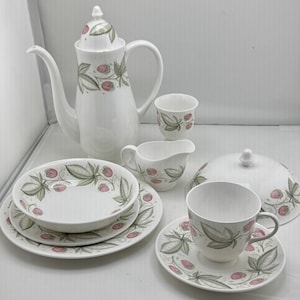 Mid Century Susie Cooper Wild Strawberry Bone China Breakfast Set w Coffee Pot Cloche' Egg Cups Cottagecore Vintage Kitchen Dishes Romantic