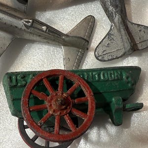 3 WWII Lead Army Toys Hubley Kiddie Toy Fighter Jet Airplane Tooties Northu Manoil Pontoon Boat  Military Collectible Vintage Toys Militaria