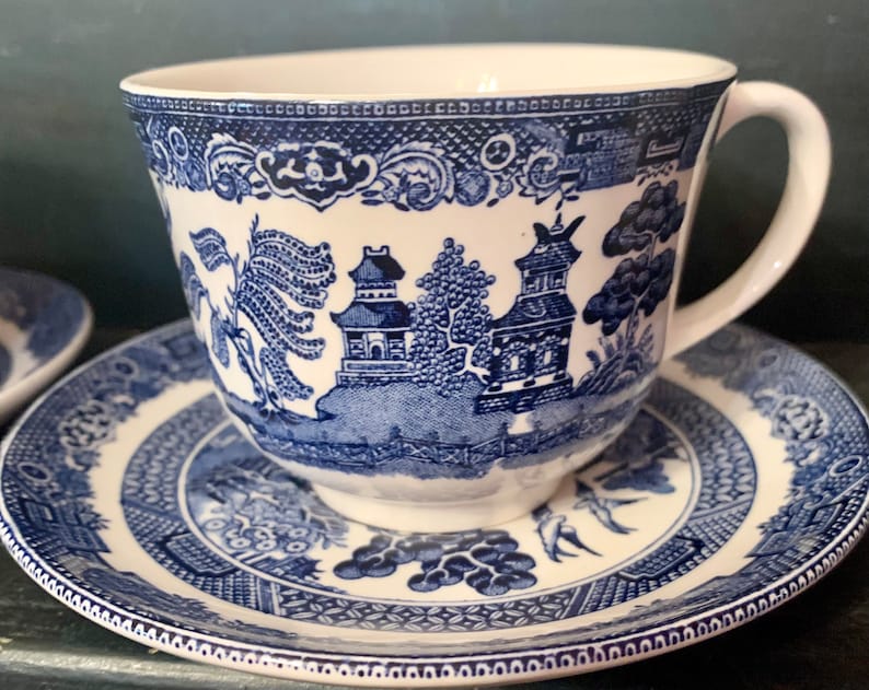 Set of 2 Blue Willow Teacups & Saucers Blue Transferware Coffee Cups with Saucers Johnson Brothers England Romantic Coffee Bar Gift image 2