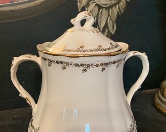 Antique Sugar Bowl w Lid Cottagecore Bridal Baby Shower Table Setting Victorian decor Homer Laughlin Hudson sugar bowl