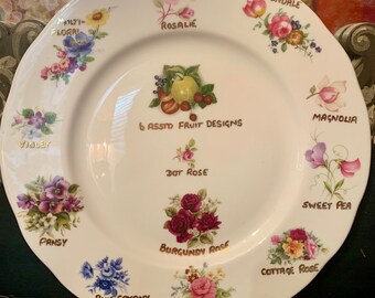 Rare Floral Transferware Sample Pattern Plate Wall Vintage Roses Violets Sweet pea Pansy English Bone China Cottagecore Cootage Roses Dish