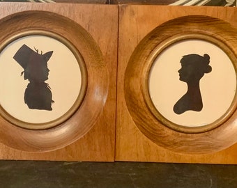 Vintage Framed Boy & Girl Silhouttes Natural Wood Frames Gallery Wall Art Vintage Nursery Decor Traditional Colonial Style Wall Art