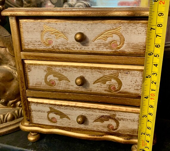 Vintage Gold & Pink Florentine wood Jewelry Box w… - image 5