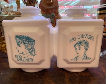 Vintage imperial glass, milk, glass, dresser jars, Victorian decor, hairdresser gift Antique cats antique fashion pinup girls bathroom stora