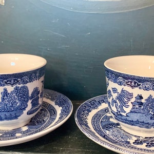 Set of 2 Blue Willow Teacups & Saucers Blue Transferware Coffee Cups with Saucers Johnson Brothers England Romantic Coffee Bar Gift image 1