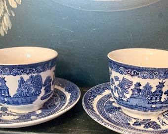 Set of 2 Blue Willow Teacups & Saucers Blue Transferware Coffee Cups with Saucers Johnson Brothers England Romantic Coffee Bar Gift