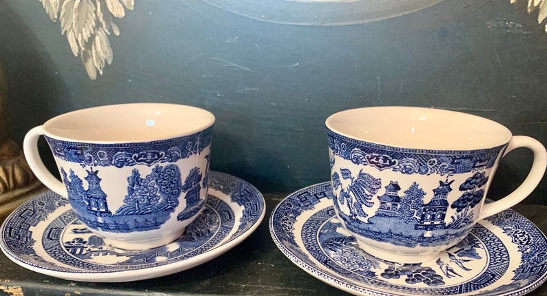 Set of 2 Blue Willow Teacups & Saucers Blue Transferware Coffee Cups with Saucers Johnson Brothers England Romantic Coffee Bar Gift image 1