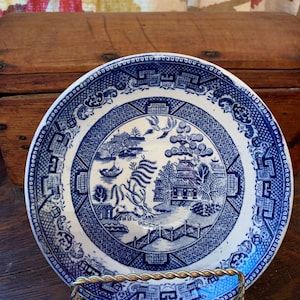 4 Antique English Ironstone Blue Willow Saucers