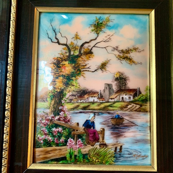 Antique Limoges Signed F J Carmina Bucolic Village Life Original Painting Framed Charming Romantic French Painting River Scene