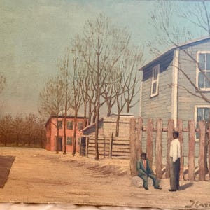 Mid Century Signiertes Original Ölgemälde w 2 Männer im Stadtbild Niave Aussenseiter Folkart Afroamerikaner