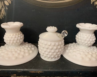 Fenton Hobnail Milkglass Honey Pot & Candlesticks vintage milkglass condiment mustard pot Fenton candlesticks Romancecore